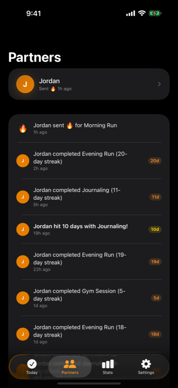 HabitFlame Partners screen showing a friend's activity feed with streaks and a sent nudge