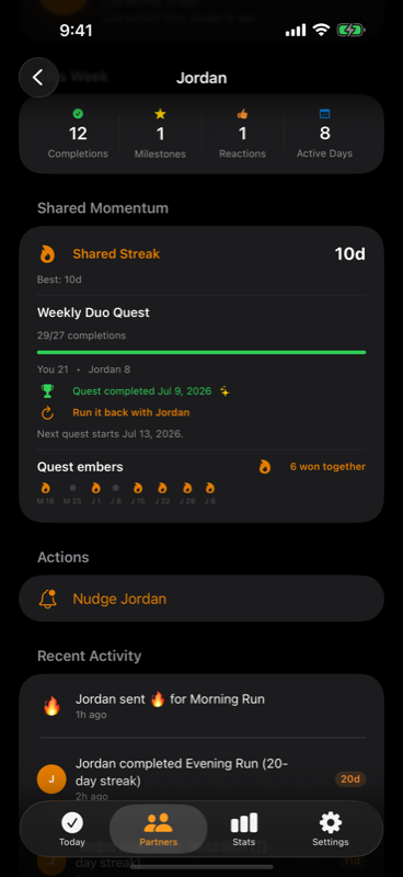 HabitFlame shared momentum screen with a ten day shared streak and a weekly Duo Quest at twenty nine of twenty seven completions
