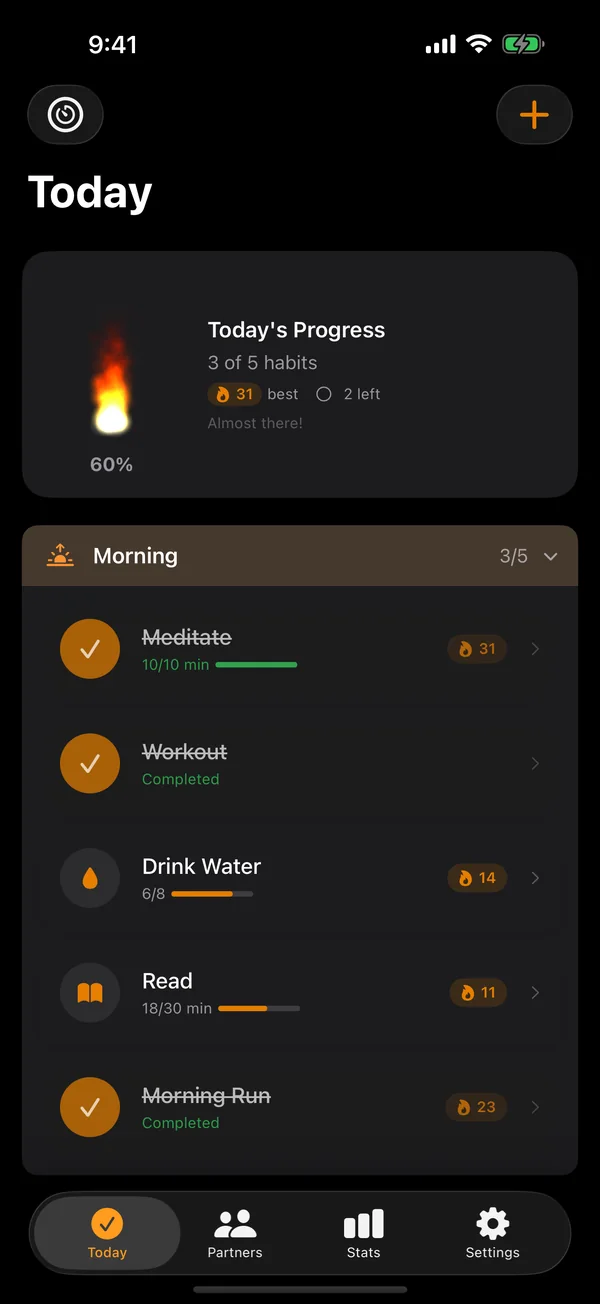 The Today tab in HabitFlame. A flame shows 3 of 5 habits done, and the morning list has Meditate, Workout and Morning Run checked off, Drink Water and Read part way, and a streak count beside each habit.