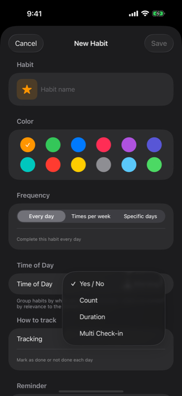 HabitFlame new habit screen showing tracking options: yes or no, count, duration, and multi check-in